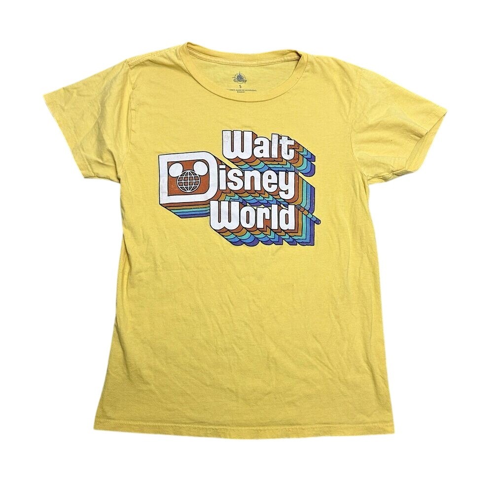 Disney Womens‎ Small T-Shirt Yellow Walt Disney World Retro Logo Cotton Tee